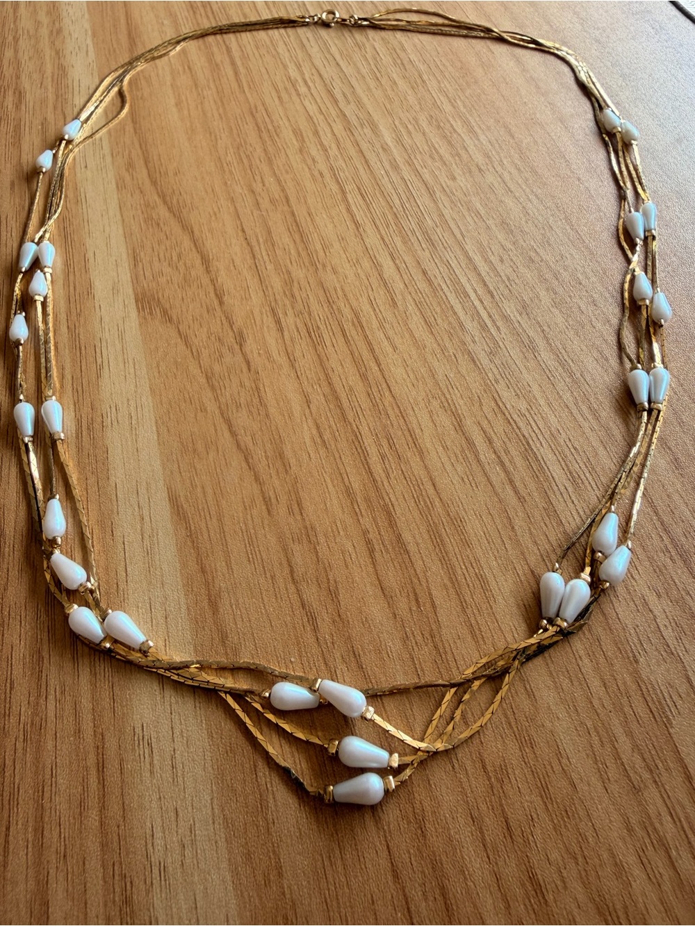 Vintage Gold Multi-Strand Necklace with White Pearl Teardrop Accents